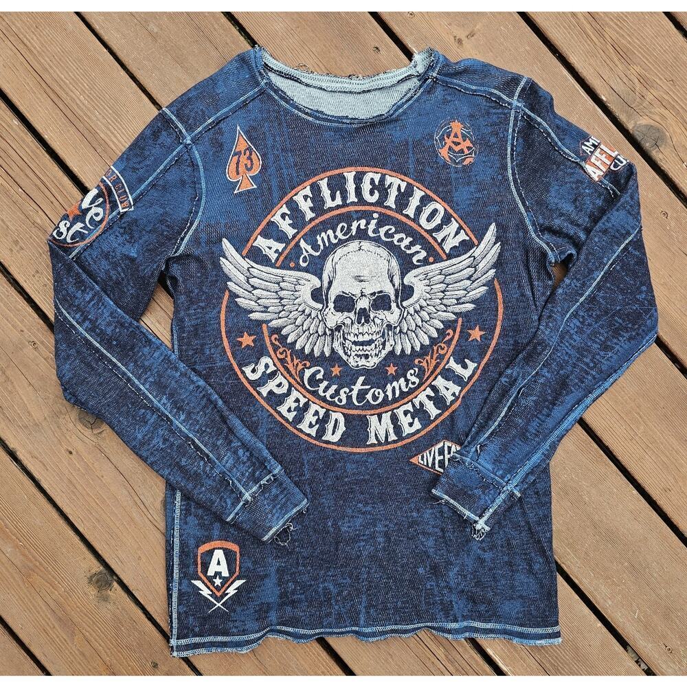 Affliction Thermal Long Sleeve Shirt Large Reversible Speed Metal Blue Gray